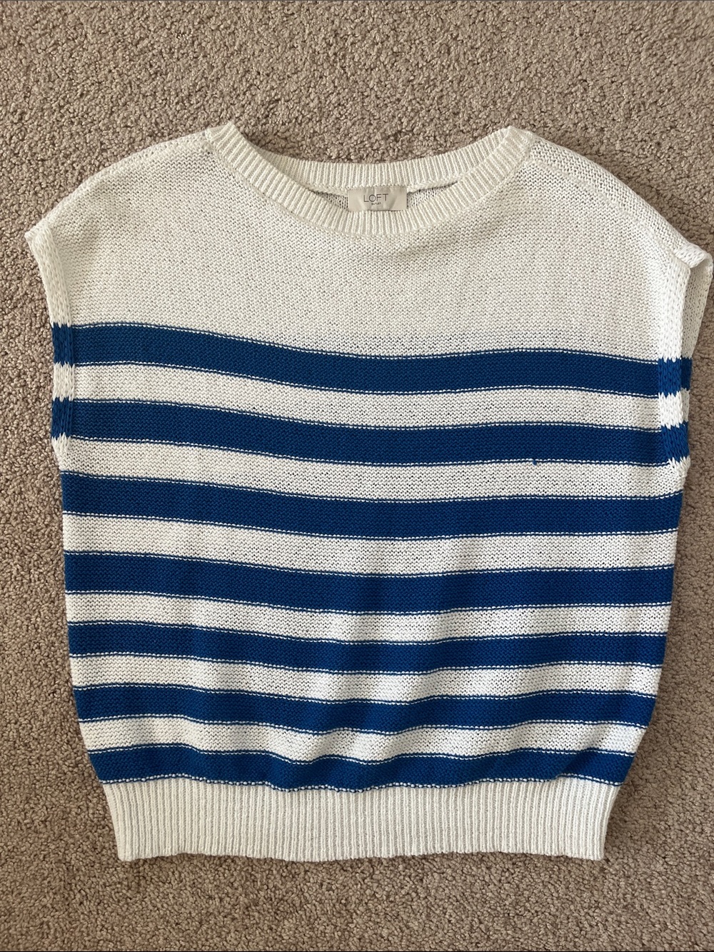 LOFT Cream and Blue Striped Sleeveless Knit Top